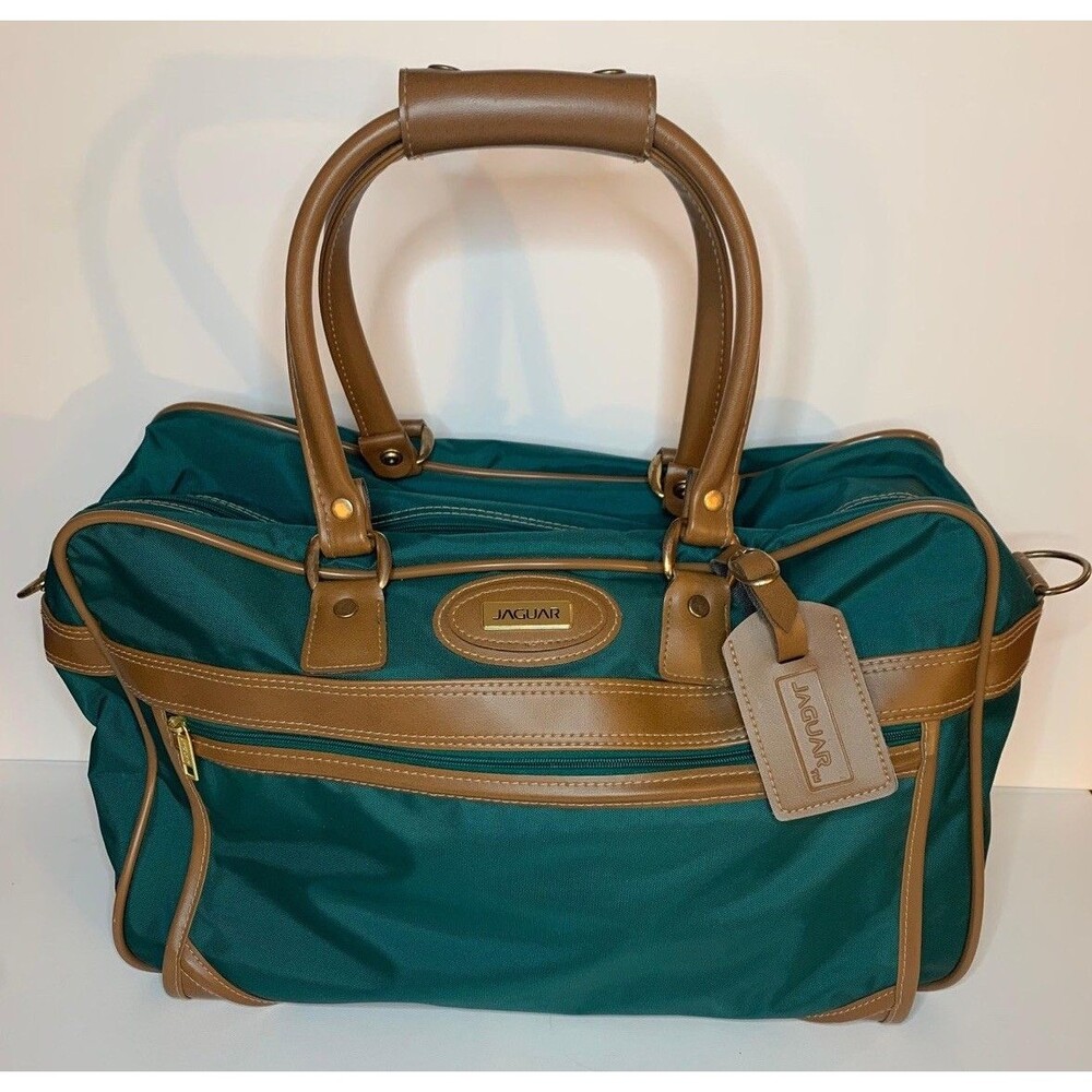 Vintage Jaguar Weekender Bag Jade Green Canvas Leather Large Travel Tote Carryon